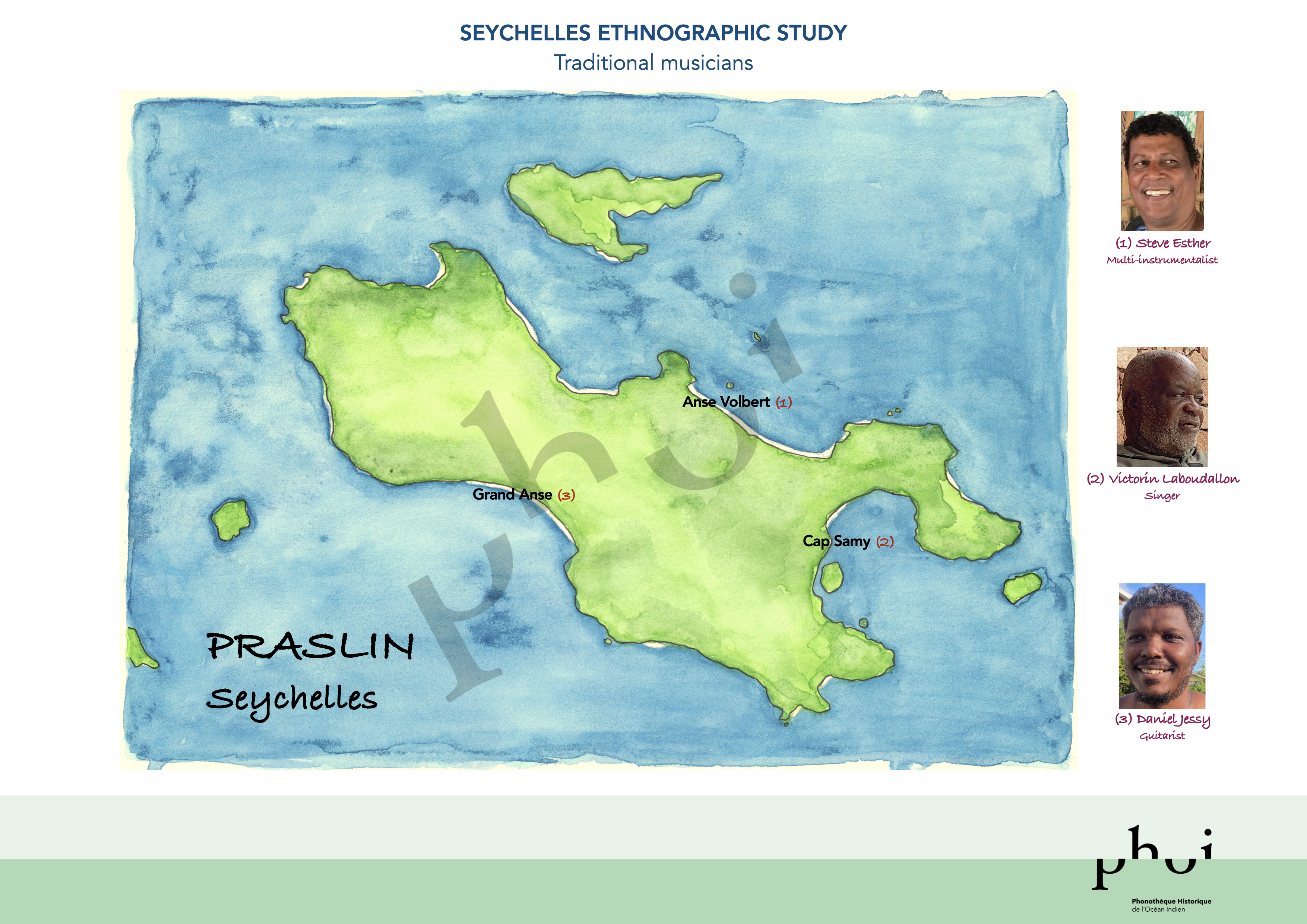 Maps of traditional Seychellois musicians, non-exhaustive - October 2025. Illustrations by Lauriane Schulz.