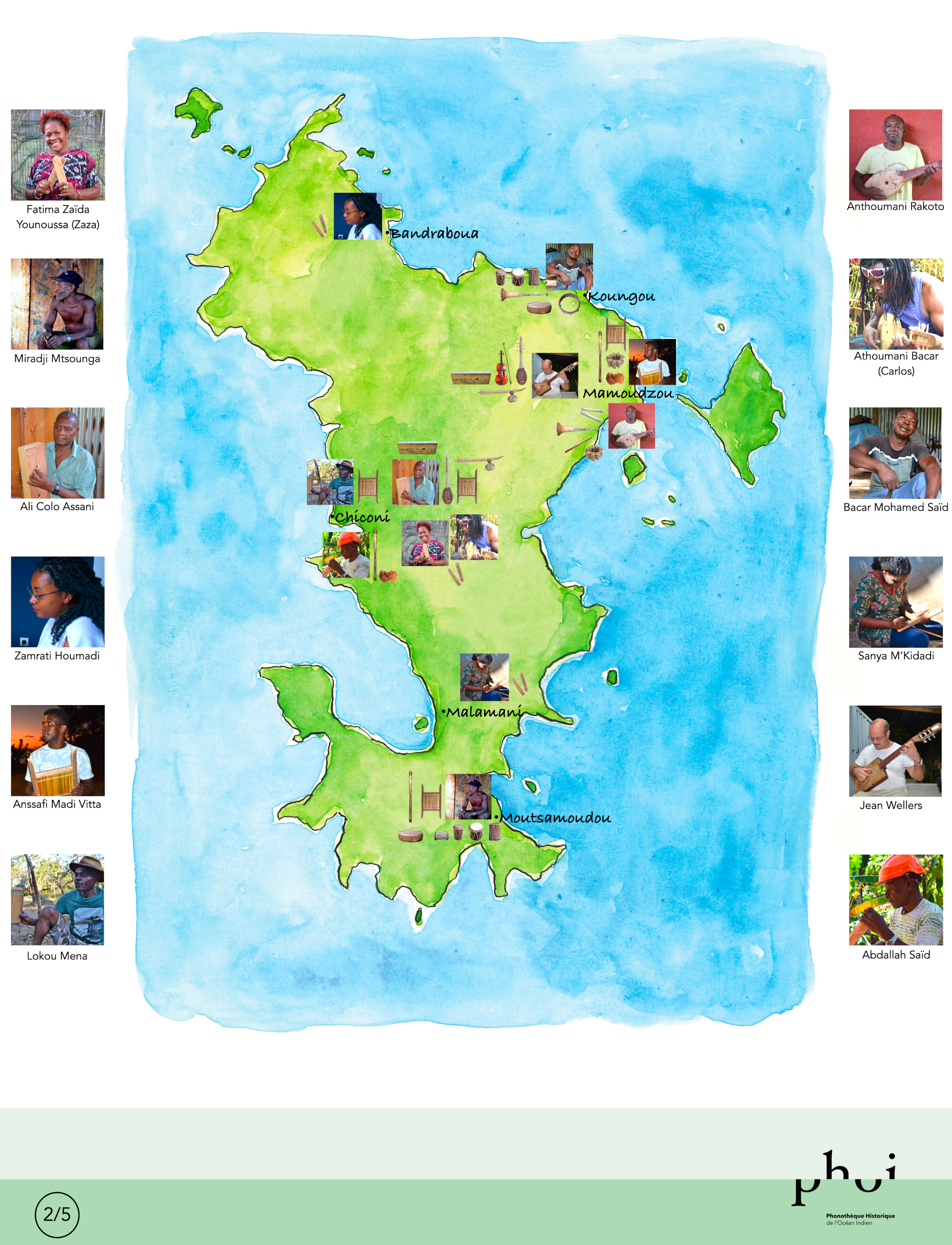 Cartographie des facteurs d'instruments traditionnels de Mayotte. Illustration L. Schulz.