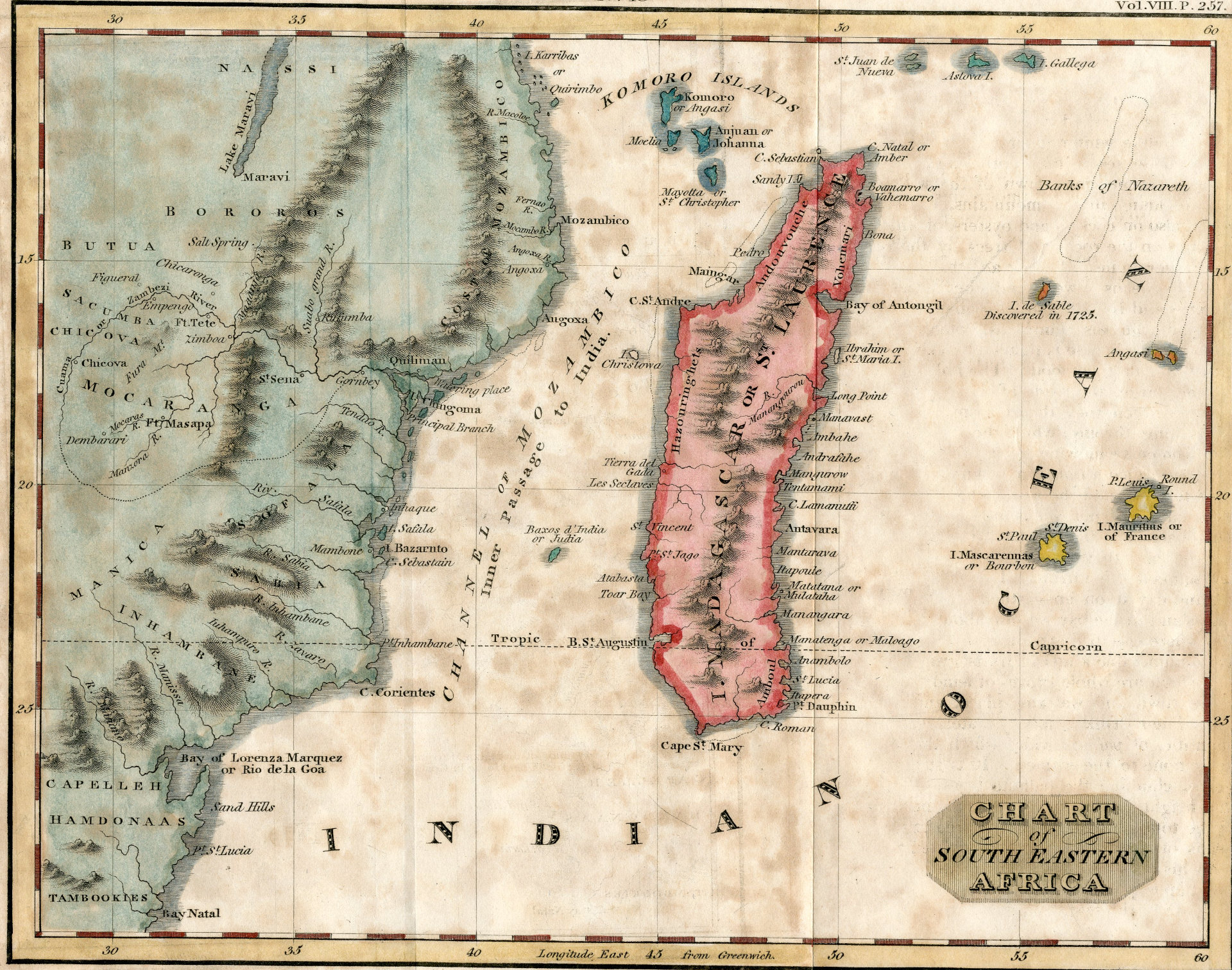 J. Moffat, Chart of south-eastern Africa Gravure aquarellée, XVIIIe. AD976 / 3Fi012.